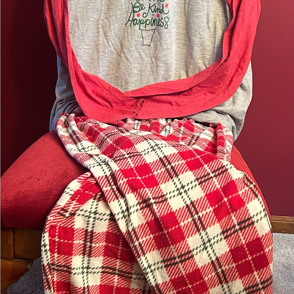 Red and Gray Plaid pajama outfit-PJ pants with Christmas Themed Graphic Tee